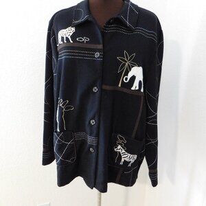Allison Daley Jacket Jungle Safari Embroidered Elephant Zebra Button Up Size L
